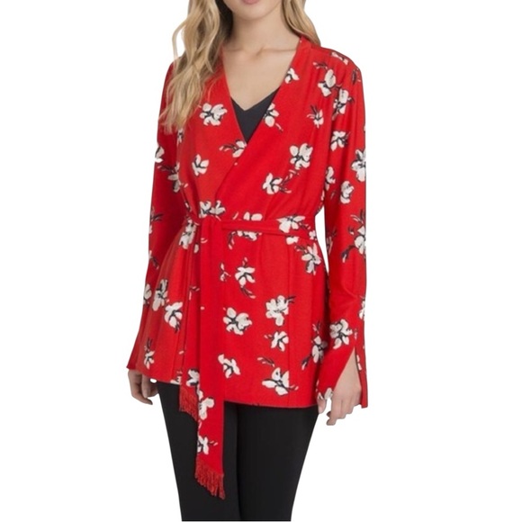 Lysse RED FLORAL BELTED KIMONO SHACKET Plus Size 2X JACKET Fringe CARDIGAN EUC - Picture 4 of 10